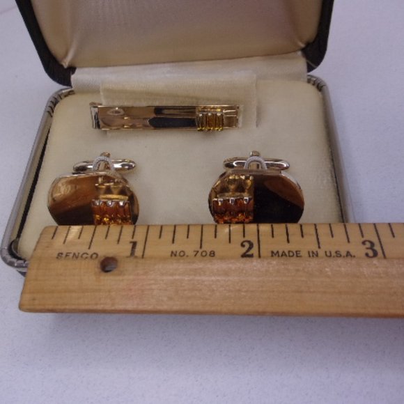 Vintage Boxed Cuff Links Tie Clasp Set Yellow Stones - Picture 7 of 9
